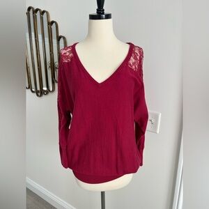NWOT LC Lauren Conrad Sweater Shirt Red Burgundy Raspberry Dolman Lace V Neck L
